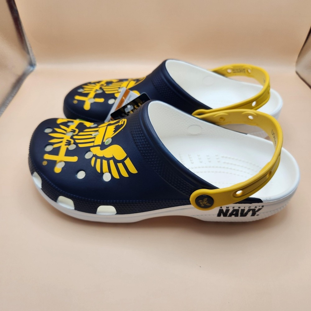 Crocs Classic US Navy Clog Shoes Mens Size 9 Blue W11 Yellow Graphic 207750-94S